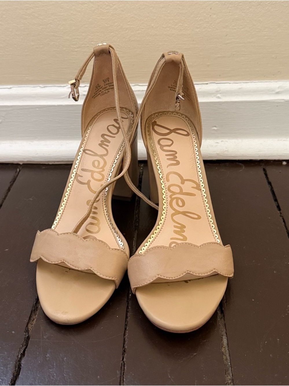 Sam Edelman Scalloped Ankle-Strap Heels in Beige